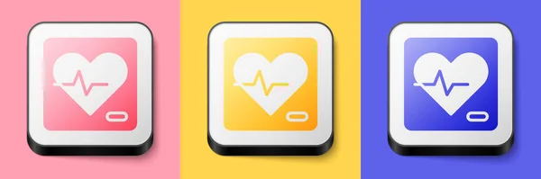 在粉红色 黄色和蓝色背景上孤立的等距心率图标 心跳的迹象 心脏脉搏图标 心电图图标 正方形按钮 — 图库矢量图片