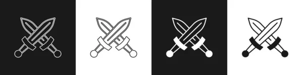 Set Icono Espada Medieval Cruzado Aislado Sobre Fondo Blanco Negro — Vector de stock