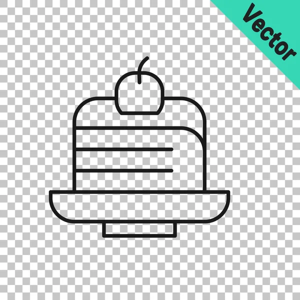 Black Line Piece Cake Icon Isolated Transparent Background Happy Birthday — Stock Vector