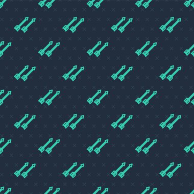 Yeşil çizgi Ortaçağ ok simgesi mavi arkaplanda izole edilmiş pürüzsüz desen. Ortaçağ silahı. Vektör