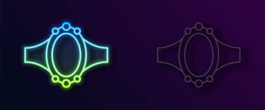 Parlak neon çizgili elmas nişan yüzüğü simgesi siyah arkaplanda izole edildi. Vektör