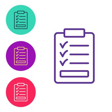 Beyaz arkaplanda kontrol listesi simgesi izole edilmiş çizgi panosunu ayarla. Kontrol listesi sembolü. Anket anketi ya da anket geri bildirim formu. Simgeleri renklendirin. Vektör