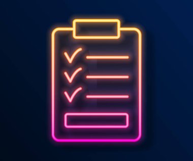 Siyah arkaplanda izole edilmiş kontrol listesi simgesiyle parlayan neon çizgi panosu. Kontrol listesi sembolü. Anket anketi ya da anket geri bildirim formu. Vektör