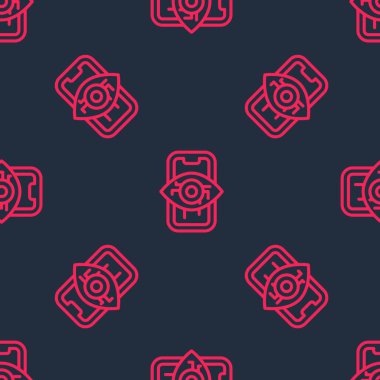 Kırmızı çizgi Bilgisayar görme simgesi siyah arkaplanda kusursuz desen izole etti. Teknik görüş, göz devresi, video izleme sistemi, artırılmış gerçeklik sistemleri. Vektör