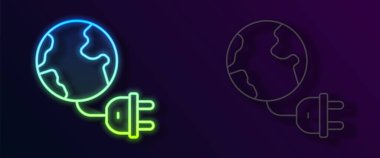 Parlayan neon hattı, siyah arka planda ikon izole edilmiş Küresel Enerji gezegeni. Ekoloji konsepti ve çevre. Vektör