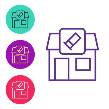 Beyaz arka planda tüfek ve silah ikonu olan bir avcılık dükkanı kurun. Silah teçhizatlı süpermarket ya da mağaza. Simgeleri renklendirin. Vektör