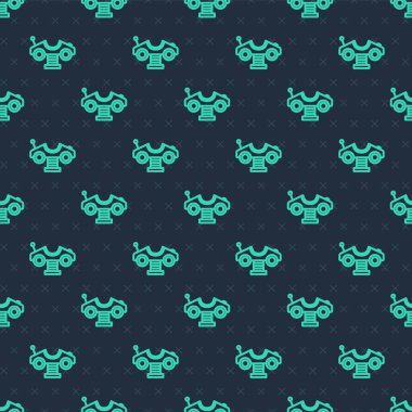 Oyun alanı simgesindeki yeşil çizgi Swing arabası mavi arkaplanda izole edilmiş pürüzsüz desen. Çocuklardan oluşan atlı karınca. Eğlence ikonu. Vektör