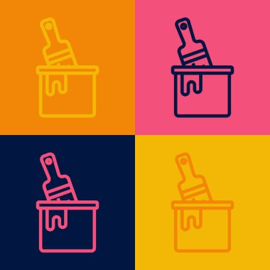 Renk arkaplanında fırça simgesi olan pop sanat eseri boya kovası. Vektör