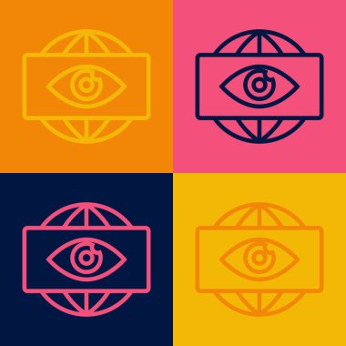 Pop sanat çizgisi. Büyük kardeş elektronik göz ikonu. Renkli arka planda izole edilmiş. Küresel izleme teknolojisi, bilgisayar sistemleri ve ağ güvenliği. Vektör