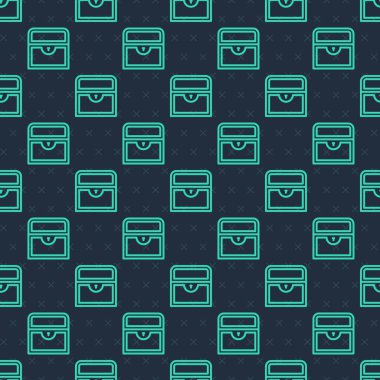 Yeşil çizgi antika hazine sandığı ikonu mavi arka planda pürüzsüz desen izole etti. Altın sikkeli klasik tahta sandık. Vektör