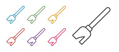 Beyaz arkaplanda Cadı Süpürgesi simgesi belirle. Mutlu Cadılar Bayramı Partisi. Simgeleri renklendirin. Vektör