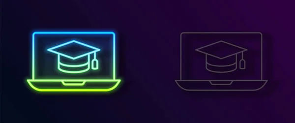 Glödande Neon Line Graduation Cap Skärmen Laptop Ikon Isolerad Svart — Stock vektor