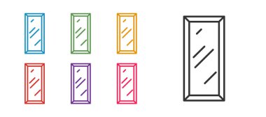 Sırayı ayarla Yatak odası, mağazalar, sahne arkası ikonu için büyük boy ayna beyaz arkaplanda izole. Simgeleri renklendirin. Vektör