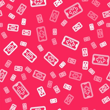 Beyaz çizgi Smartphone ve oyun simgesinde oynamak kırmızı arkaplanda izole edilmiş pürüzsüz desen. Mobil oyun konsepti. Vektör