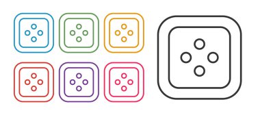 Beyaz arkaplanda izole edilmiş kıyafet simgesi için çizgi dikiş düğmesini ayarla. Giysi düğmesi. Simgeleri renklendirin. Vektör