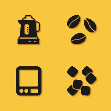 Elektrik ısıtıcısı, şeker küpleri, elektronik kahve terazileri ve uzun gölgeli kahve çekirdeği ikonu. Vektör