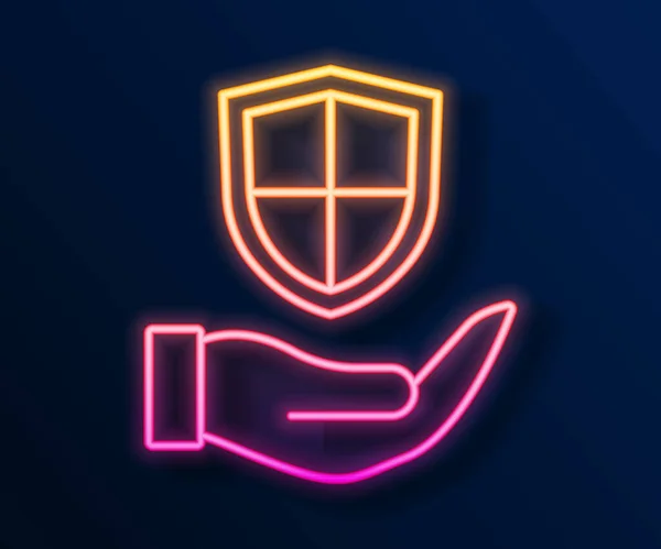 Gloeiende Neon Lijn Schild Hand Pictogram Geïsoleerd Zwarte Achtergrond Verzekeringsconcept — Stockvector