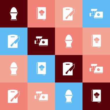 Popüler sanat tavuğu yumurtası, yemek kitabı, kesme tahtası bıçağı ve et öğütücü ikonu. Vektör