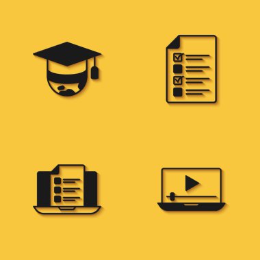 Graduation cap 'ı dünya, online oyun videosu, quiz, test, araştırma ve uzun gölgeli simge olarak ayarla. Vektör