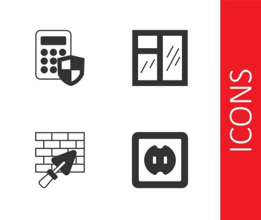 Elektrik prizi, güvenlik tuş takımı erişim paneli, malalı tuğla duvar ve pencere ikonunu odaya yerleştir. Vektör