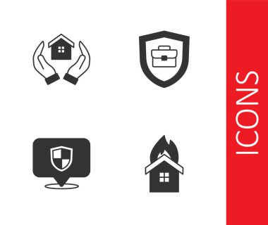 Yanan evi ateşe verin, House 'un eli, konum kalkanı ve ikonlu evrak çantası. Vektör