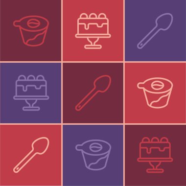 Çizgiyi kahve makinesinin üzerine dök, çay kaşığı ve kek ikonu. Vektör