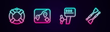 Lifebuoy, konum balıkçılığı, dıştaki tekne motoru ve kürekleri ayarlayın. Parlayan neon ikonu. Vektör