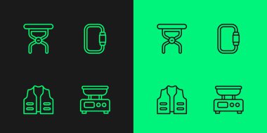 Elektronik teraziler, balıkçı ceketi, kamp sandalyesi ve karabinalı simgesi. Vektör