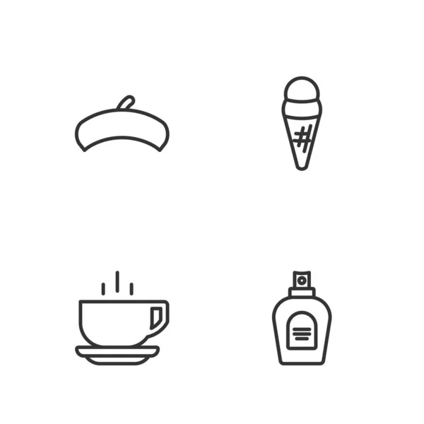 设置系列香水 咖啡杯 法式贝雷帽和雪糕在华夫饼干图标 — 图库矢量图片