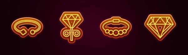 Set Line Bracelet Jewelry Stud Earrings Diamond Glowing Neon Icon — Stock Vector