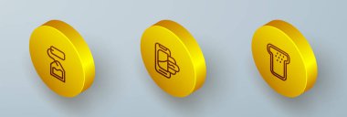 Isometric hattı çay poşetini, yiyecek siparişini mobil ve ekmek tostu ikonuna ayarla. Vektör