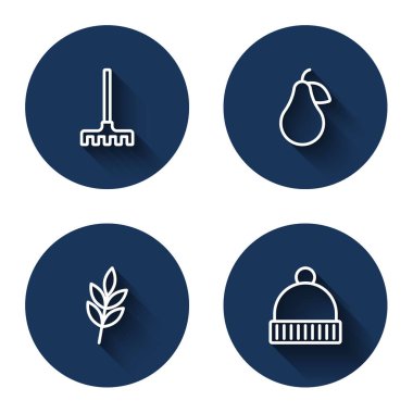 Saha çizgisi tırmığı, armut, yaprak ve uzun gölgeli kış şapkası. Mavi daire düğmesi. Vektör