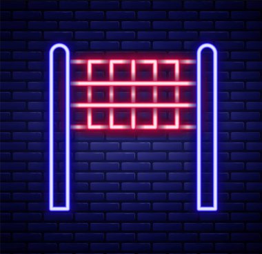 Parlayan neon hattı voleybol ağı ikonu tuğla duvar arka planında izole edildi. Renkli taslak konsepti. Vektör