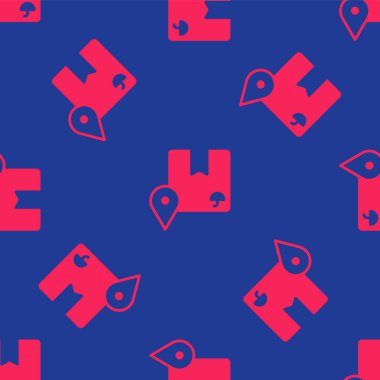 Karton kutu simgesine sahip kırmızı konum mavi arkaplanda izole edilmiş pürüzsüz desen. Teslimat hizmetleri, lojistik ve ulaşım, dağıtım. Vektör