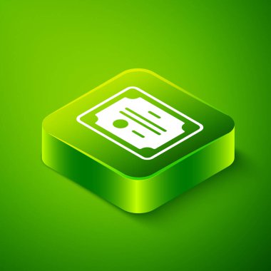 Isometric Sertifika şablon simgesi yeşil arkaplanda izole edildi. Başarı, ödül, diploma, burs, diploma kavramları. Yeşil kare düğmesi. Vektör