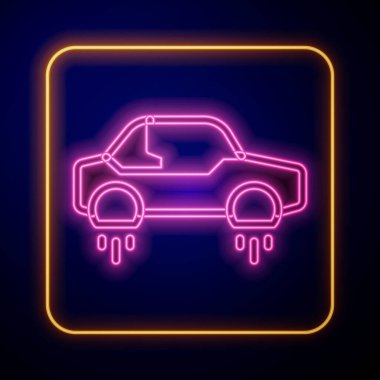 Parlayan neon rengi uçan araba ikonu siyah arka planda izole edildi. Gelecekteki araba teknolojisi, gelecekteki ulaşım araçları. Vektör