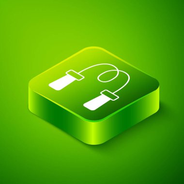Yeşil arkaplanda Isometric ip atlama simgesi izole edildi. İp atlıyorum. Spor malzemeleri. Yeşil kare düğmesi. Vektör