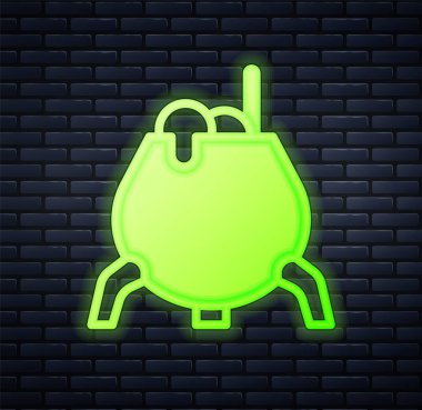 Parlayan neon cadı kazan ikonu tuğla duvar arka planında izole edilmiş. Mutlu Cadılar Bayramı Partisi. Vektör