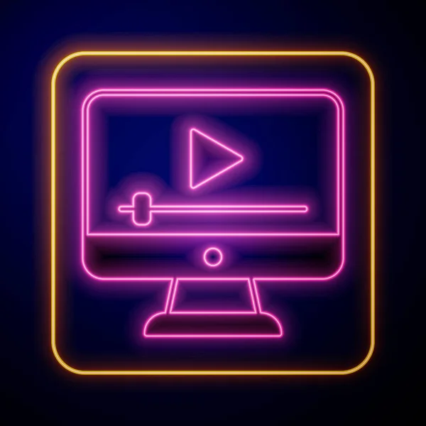 Glowing Neon Online Play Video Icon Isolated Black Background Film — Stock Vector
