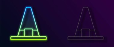 Parlayan neon hattı cadı şapkası simgesi siyah arkaplanda izole edildi. Mutlu Cadılar Bayramı Partisi. Vektör
