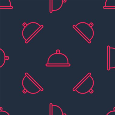 Kırmızı çizgi bir tepsi yiyecek ikonu ile kaplıydı. Siyah arka planda izole edilmiş kusursuz desen. Tepsi ve kapak işareti. Kapaklı bir restoran saati. Vektör