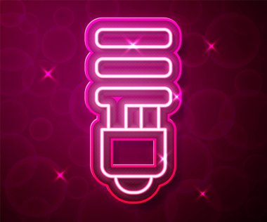 Parlayan neon hattı LED ampul simgesi kırmızı arkaplanda izole edildi. Ekonomik LED ışıklı ampul. Enerji lambasını sakla. Vektör