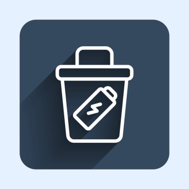 Beyaz çizgi Çöp kutusu simgesi uzun gölge arkaplanı ile izole edildi. Çöp kutusu tabelası. Sepet simgesini geri dönüştür. Ofis çöpü ikonu. Mavi kare düğme. Vektör