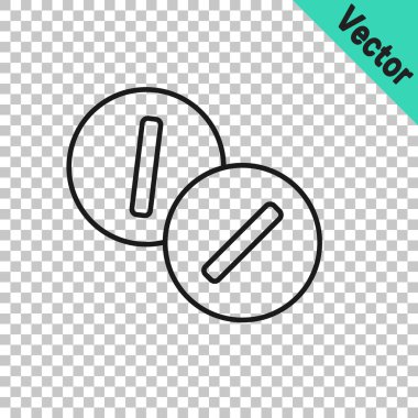 Siyah çizgi diş ağrısı ağrı kesici tablet simgesi şeffaf arkaplanda izole edilmiş. Diş bakımı ilacı. Kapsül hapı ve ilaç. Eczane tasarımı. Vektör