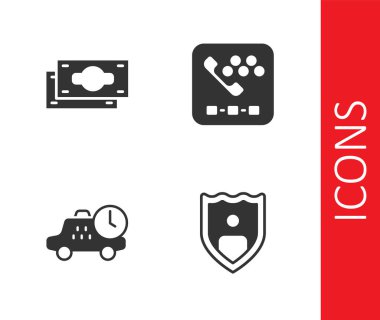 Kalkanla hayat sigortası, kağıt para yığını, taksi bekleme süresi ve telefon servisi ikonunu ara. Vektör