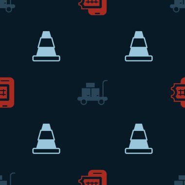 Çevrimiçi bilet rezervasyonunu, Tramvay valizini ve trafik konisini sorunsuz bir şekilde ayarla. Vektör