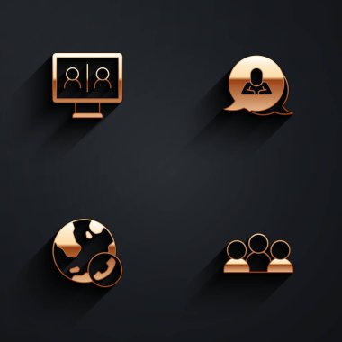 Video sohbet konferansı, konuşma balonu ve uzun gölgeli toplantı simgesi ayarla. Vektör