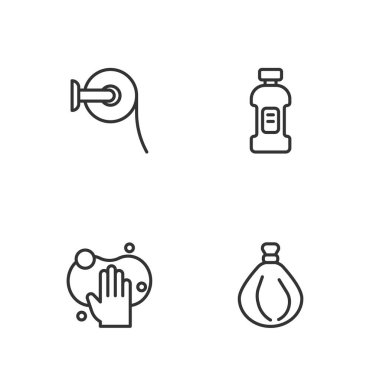 Çöp torbası, sünger, tuvalet kağıdı rulosu ve deterjan ikonu için şişe hazırla. Vektör