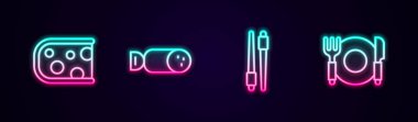 Peynir, salam sosisi, yemek çubuğu, tabak, çatal ve bıçak. Parlayan neon ikonu. Vektör