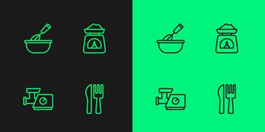 Çizgiyi aşan bıçak ve çatal, mutfak kıyma makinesi, kase ve pullu fırça çırpma ikonu. Vektör